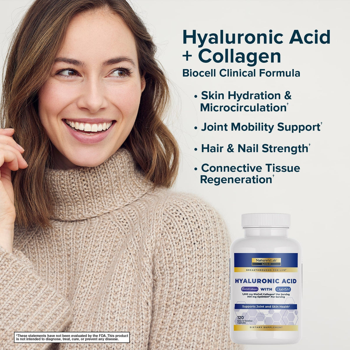 Nature's Lab Hyaluronic Acid with BioCell Collagen® & OptiMSM® - 120 Capsules