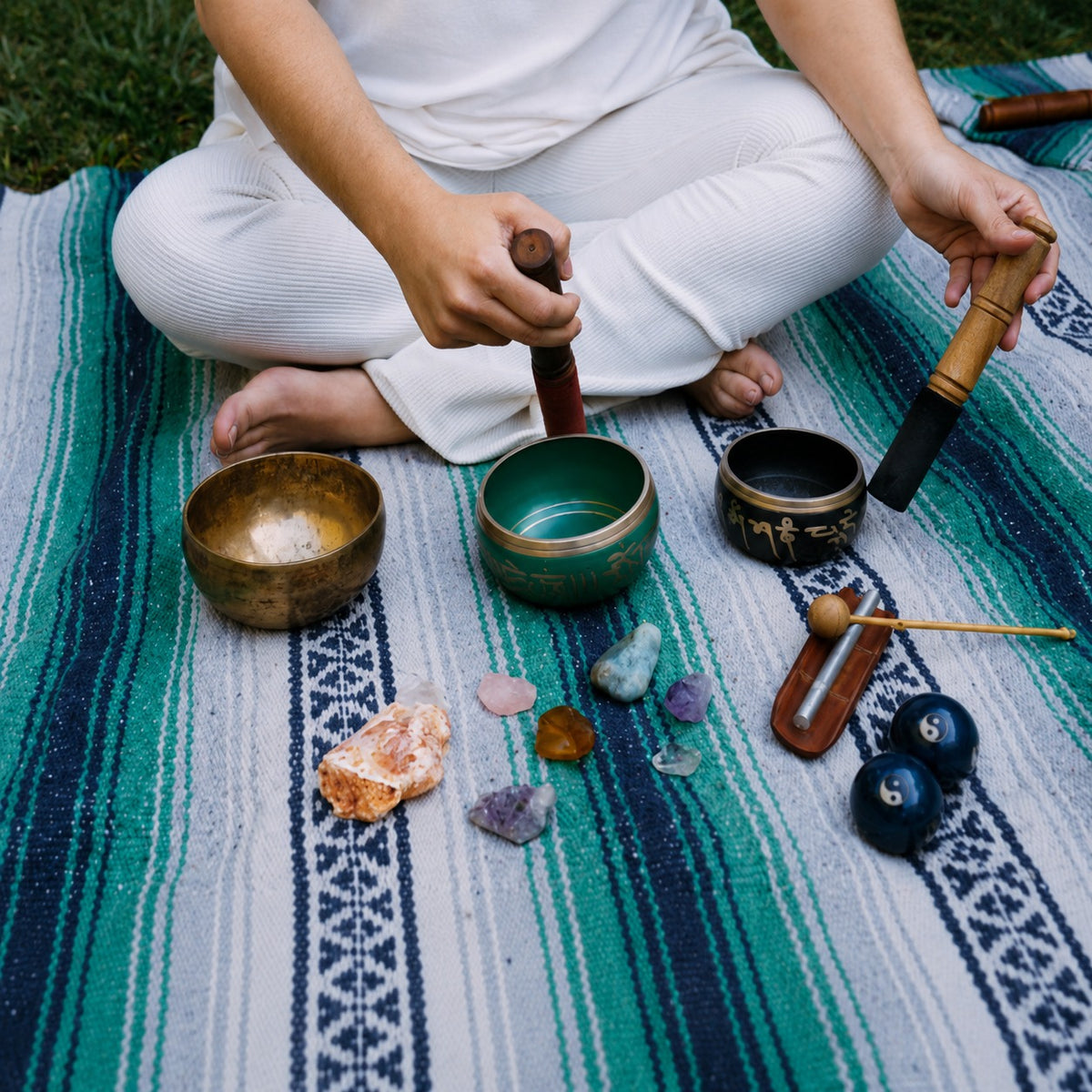 Person playing singing bowls with healing crystals during outdoor meditation practice